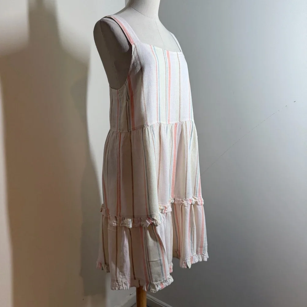 Bobi LA Square Neck Tiered -SZ M- Cream Multicolored Striped Linen Rayon Dress
